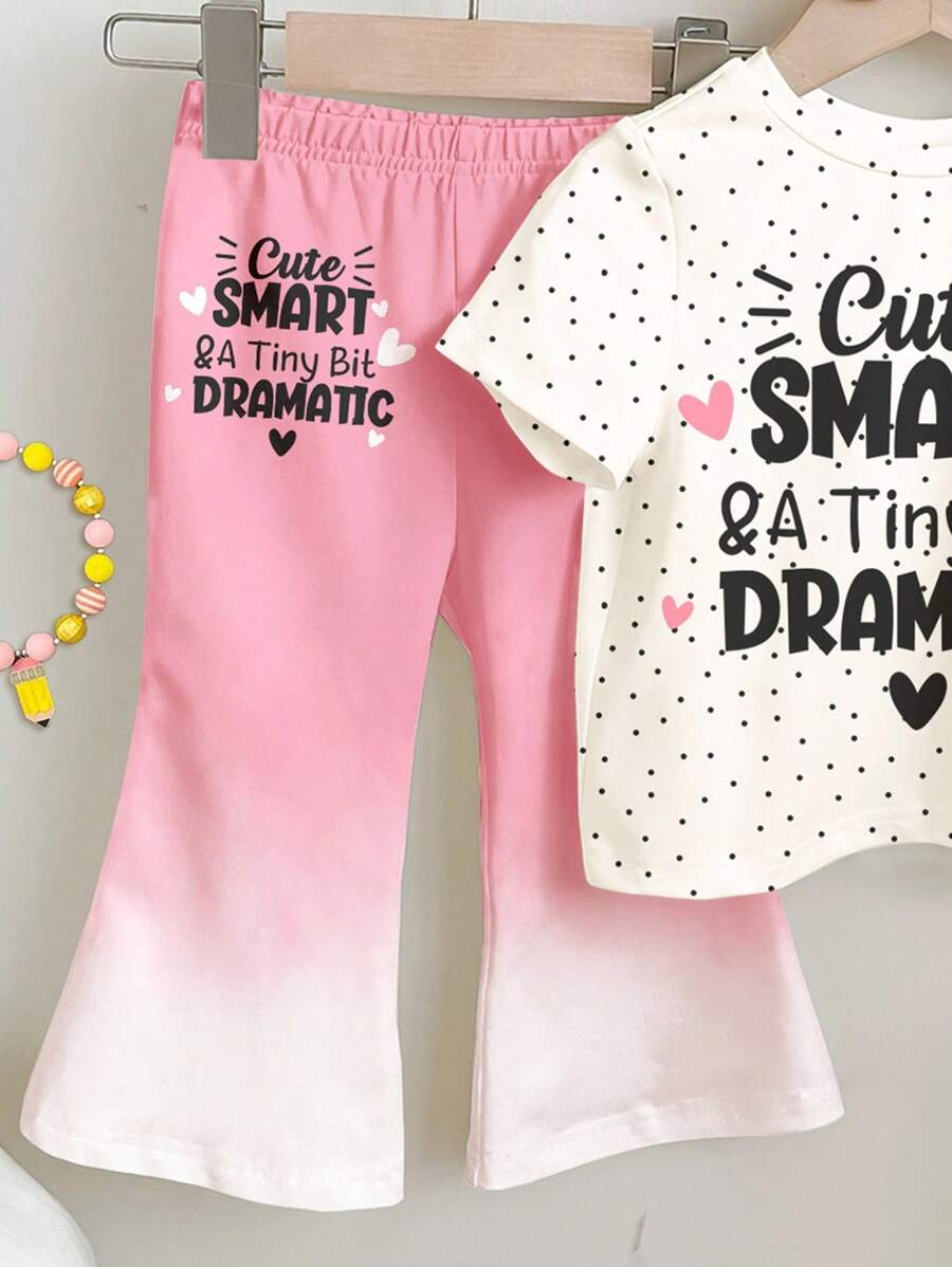 Soft Round Neck Short Sleeve Top and Flexible Flare Leg Trousers Casual Spring Summer Clothes Set for Girls
