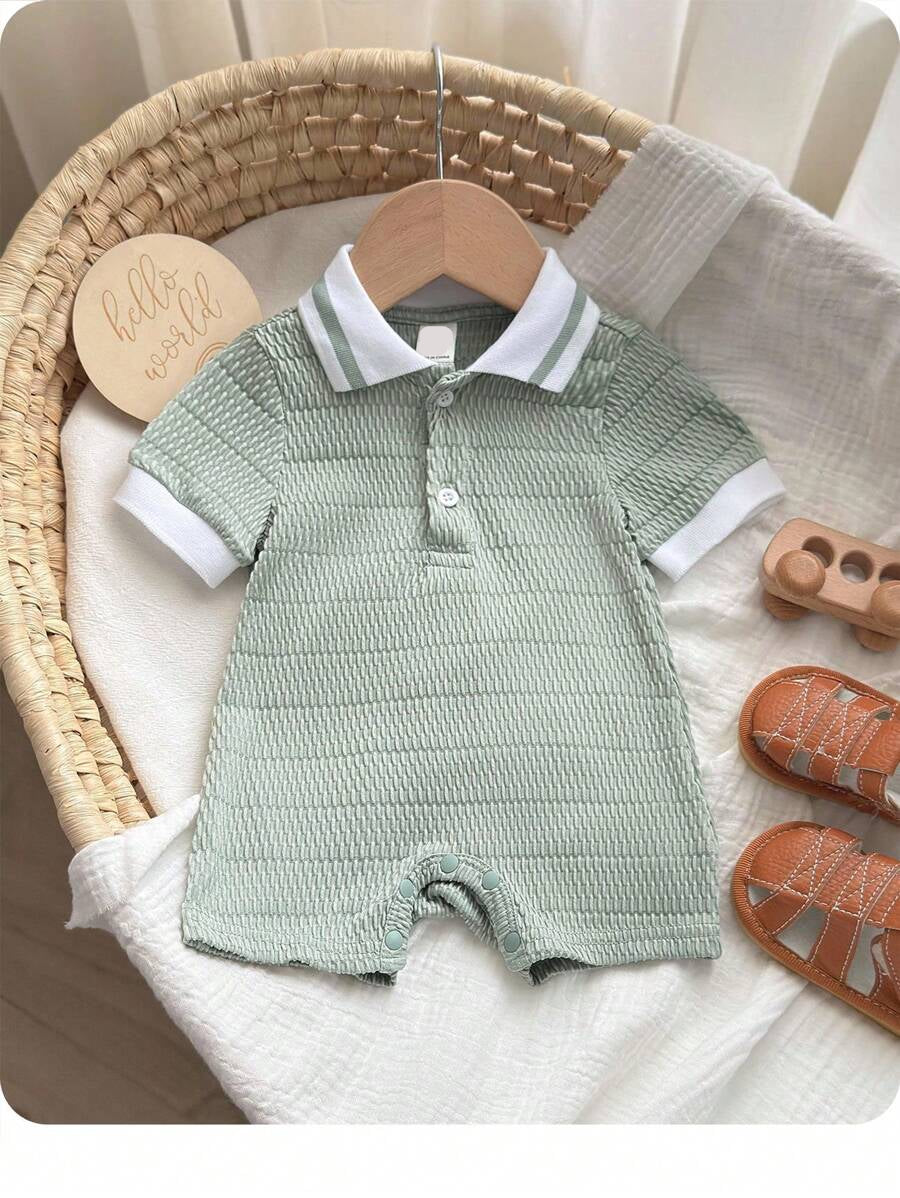 Unisex Newborn Baby Contrast Color Jacquard Polo Collar Half Zip Short Sleeve Jumpsuit Summer Outfit