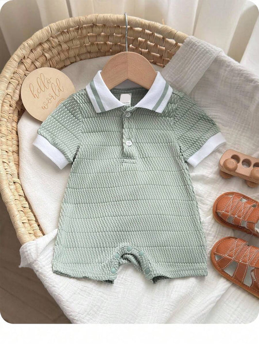 Unisex Newborn Baby Contrast Color Jacquard Polo Collar Half Zip Short Sleeve Jumpsuit Summer Outfit