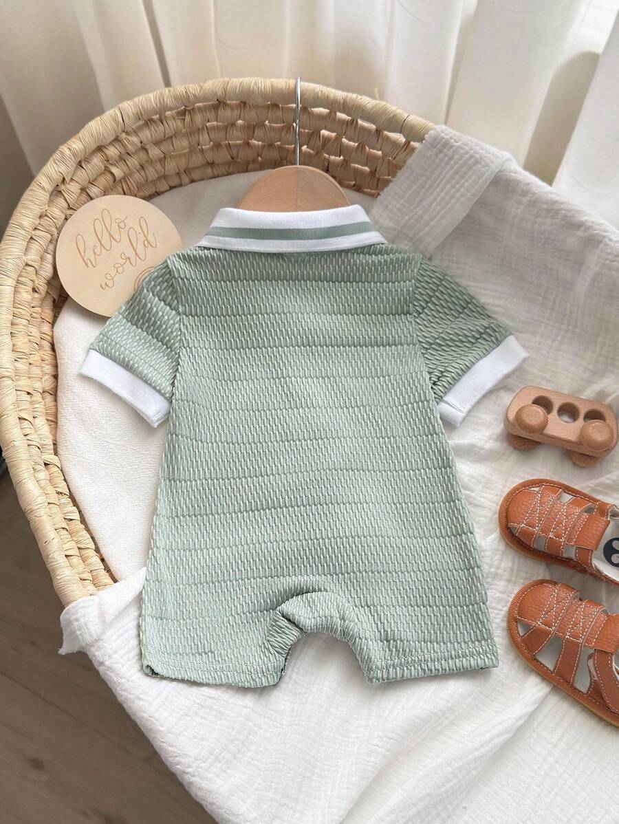 Unisex Newborn Baby Contrast Color Jacquard Polo Collar Half Zip Short Sleeve Jumpsuit Summer Outfit