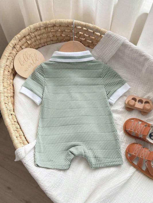 Unisex Newborn Baby Contrast Color Jacquard Polo Collar Half Zip Short Sleeve Jumpsuit Summer Outfit