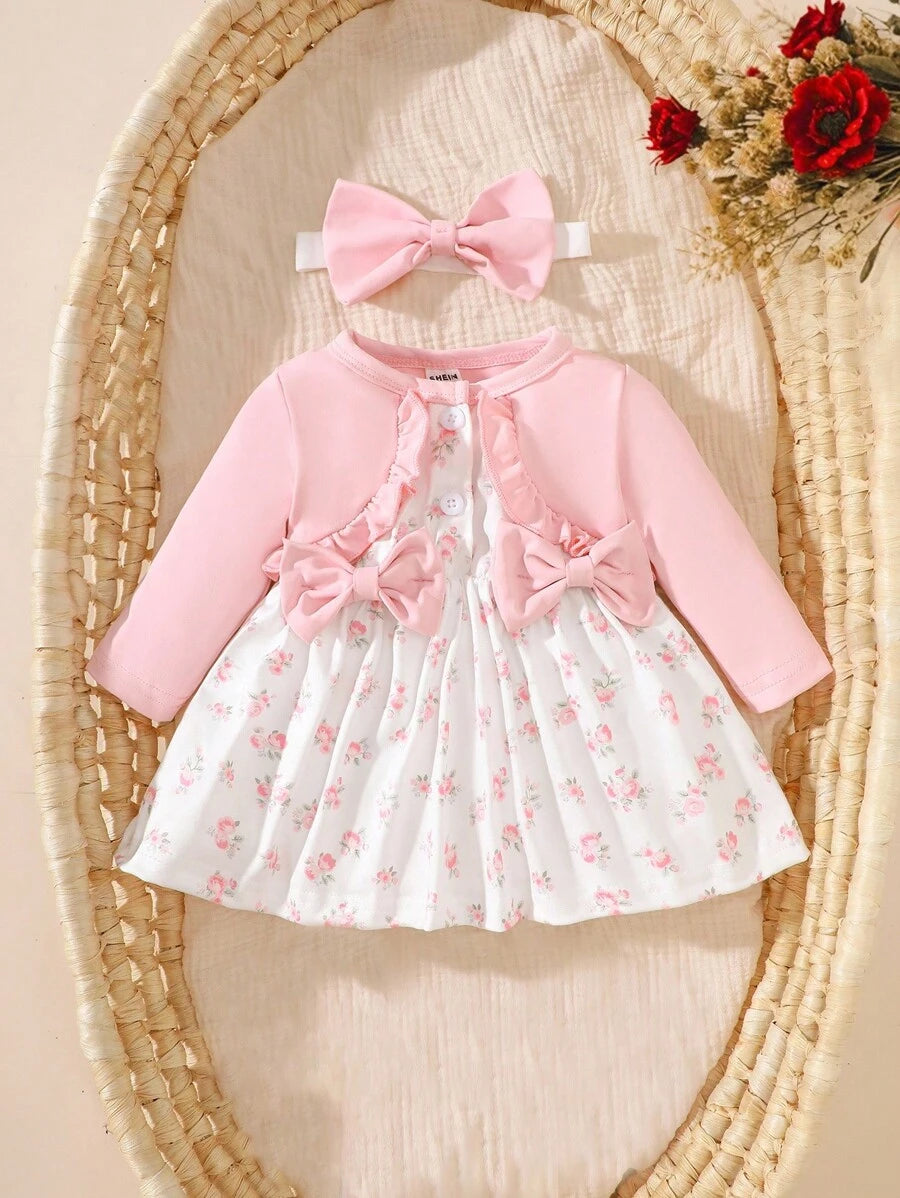 Baby Floral Bow Dress and Headband Set for Sweet Autumn and Winter Daily Wear