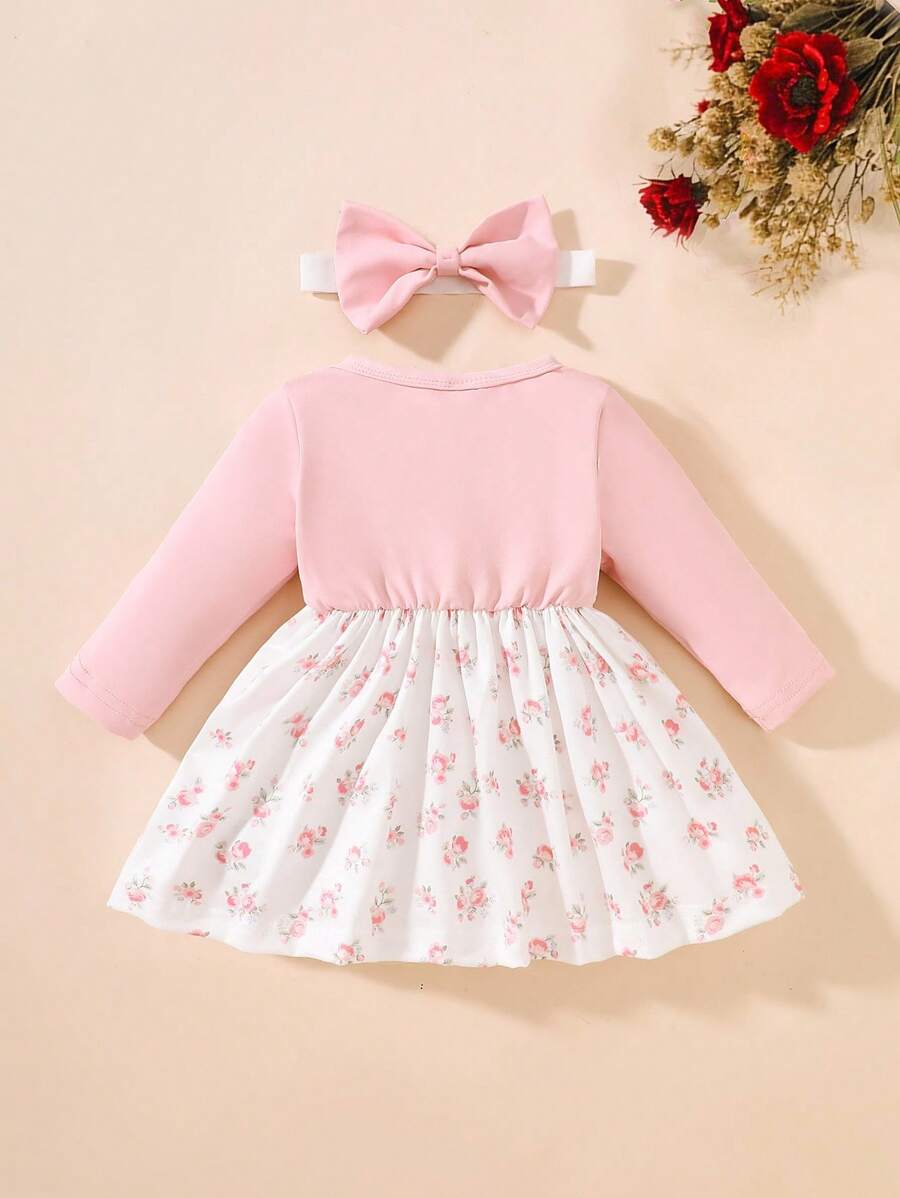 Baby Girl Floral Patchwork Dress & Headband Set - Sweet Pink Autumn Outfit