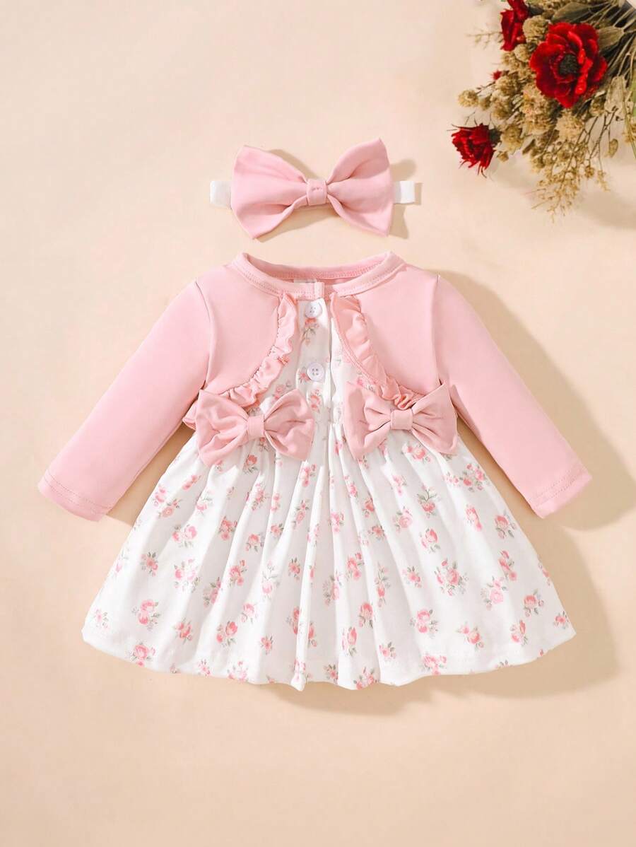 Baby Girl Floral Patchwork Dress & Headband Set - Sweet Pink Autumn Outfit