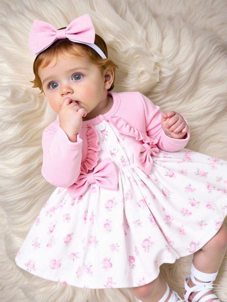 Baby Floral Bow Dress and Headband Set for Sweet Autumn and Winter Daily Wear