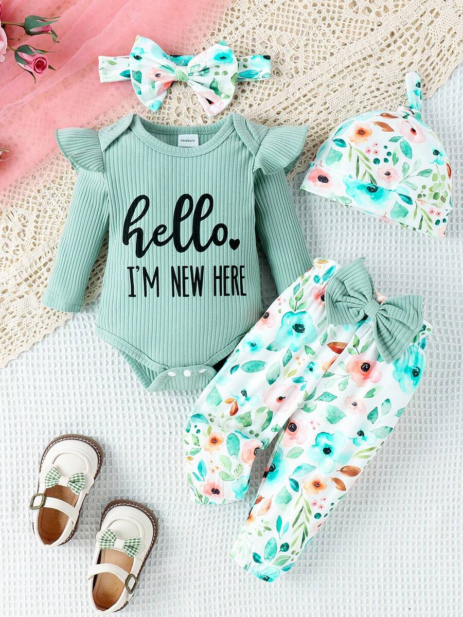 Cute Print Bodysuit Pants Hat and Headband Outfit Set for Spring and Autumn Wear
