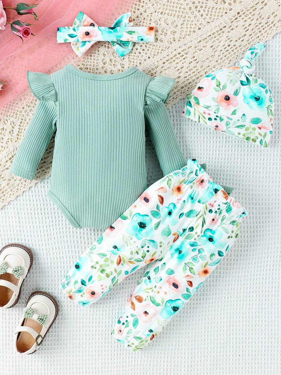Cute Print Bodysuit Pants Hat and Headband Outfit Set for Spring and Autumn Wear