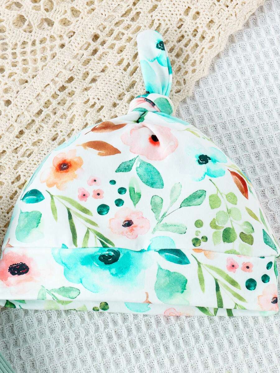 Cute Print Bodysuit Pants Hat and Headband Outfit Set for Spring and Autumn Wear