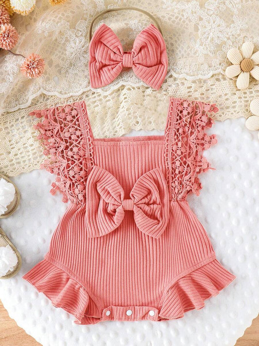 Cute Baby Girl Solid Color Lace Bodysuit And Headband Matching Outfit Set