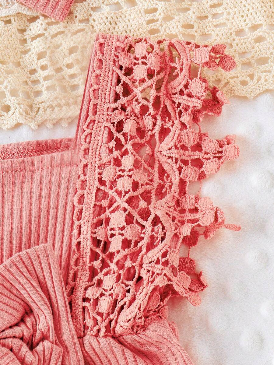 Cute Baby Girl Solid Color Lace Bodysuit And Headband Matching Outfit Set