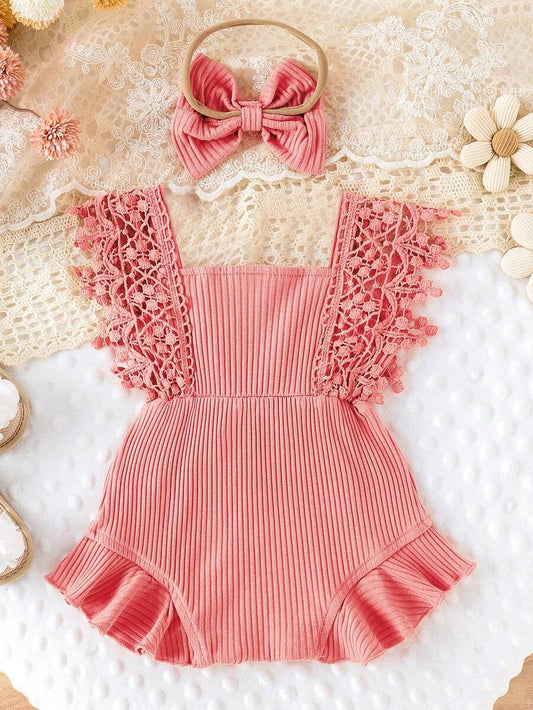 Cute Baby Girl Solid Color Lace Bodysuit And Headband Matching Outfit Set