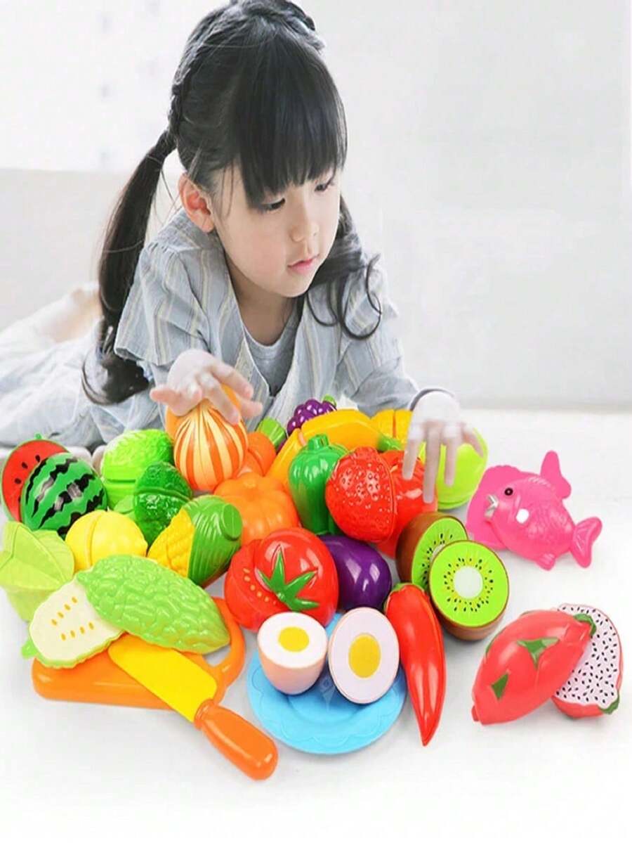 Kids Kitchen Play Set Pretend Play Cooking Toys Fruit Cutting Food and Cookware Role Play Set