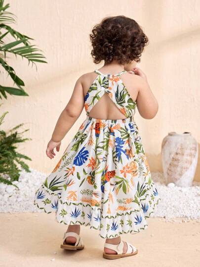 Little Girls Tropical Halter Sundress With High Low Hem Beach Vacation Wear