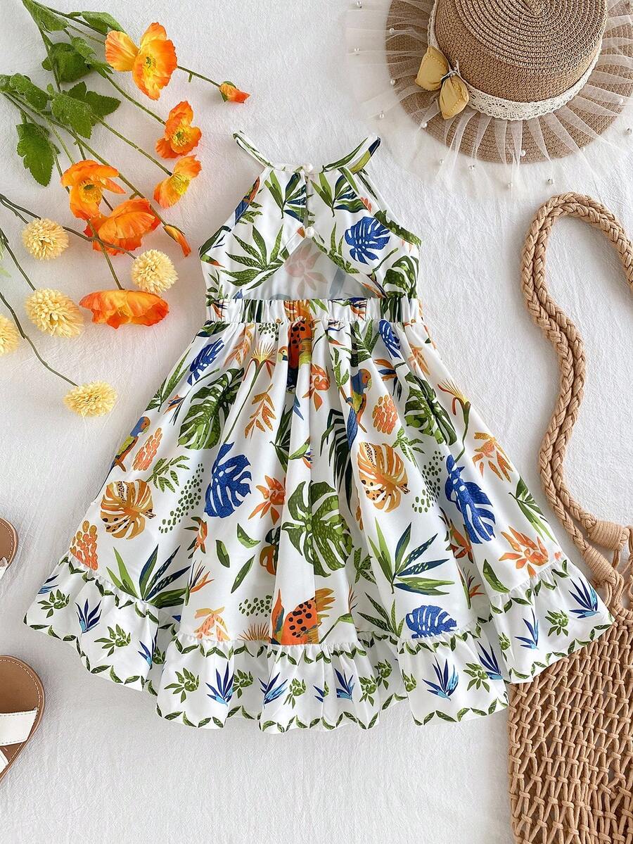 Little Girls Tropical Halter Sundress With High Low Hem Beach Vacation Wear