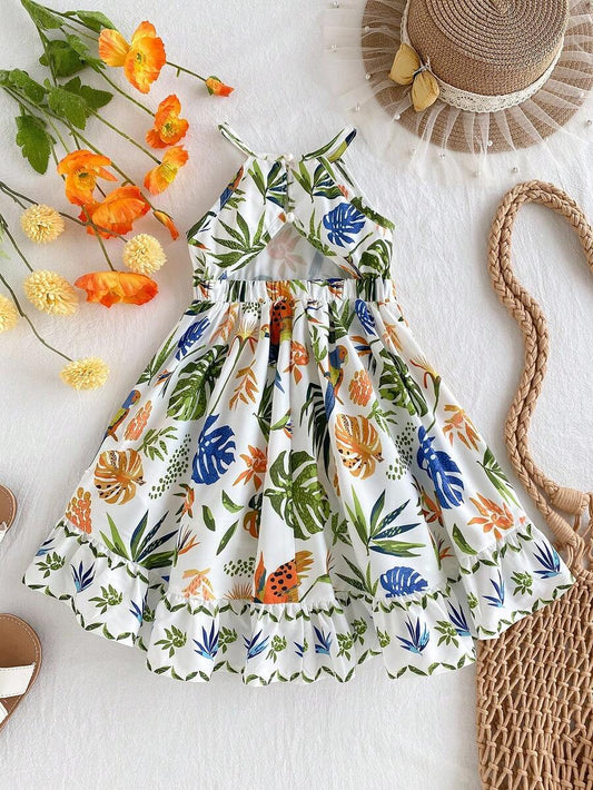 Little Girls Tropical Halter Sundress With High Low Hem Beach Vacation Wear