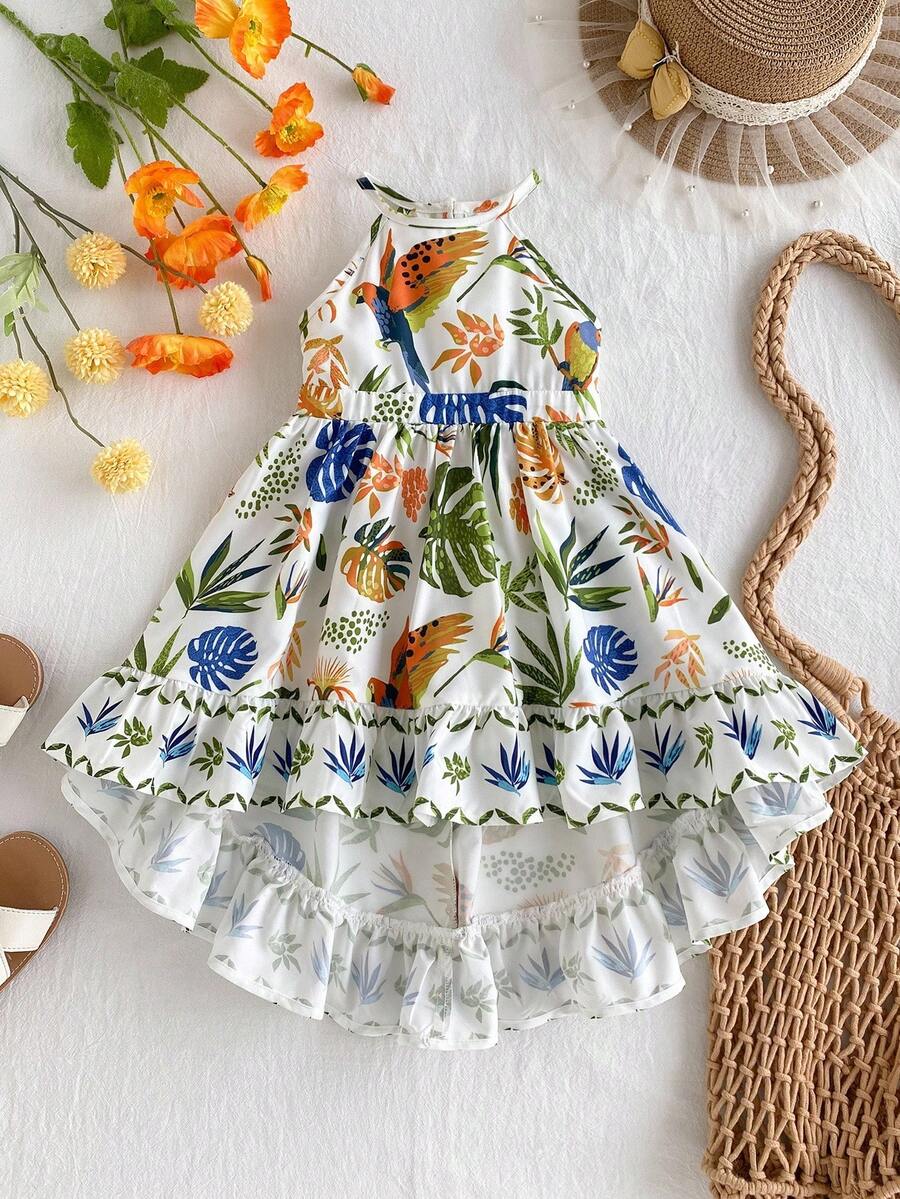 Little Girls Tropical Halter Sundress With High Low Hem Beach Vacation Wear