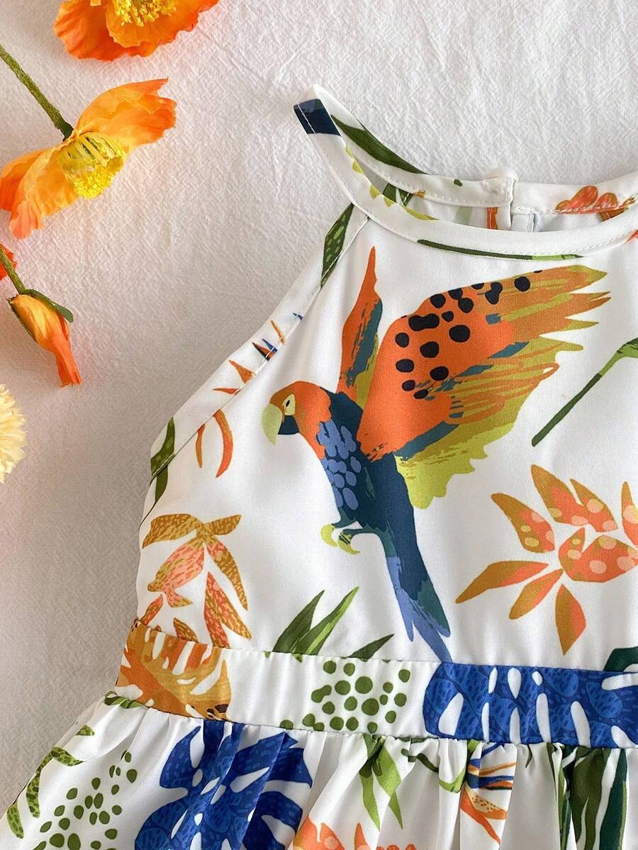 Little Girls Tropical Halter Sundress With High Low Hem Beach Vacation Wear