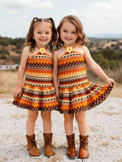 Striped Halter Dress With 3D Flower Detail Comfortable Summer Wear For Little Girls