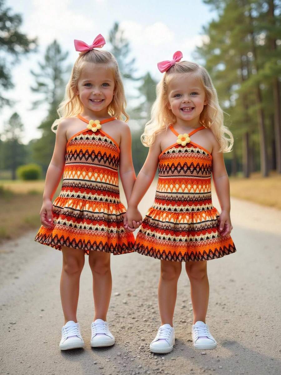 Striped Halter Dress With 3D Flower Detail Comfortable Summer Wear For Little Girls