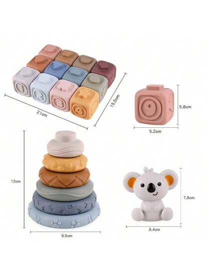 Baby Sensory Learning Toy Set – Soft Number Blocks, Animal Bowling Balls & Rainbow Stacking Rings