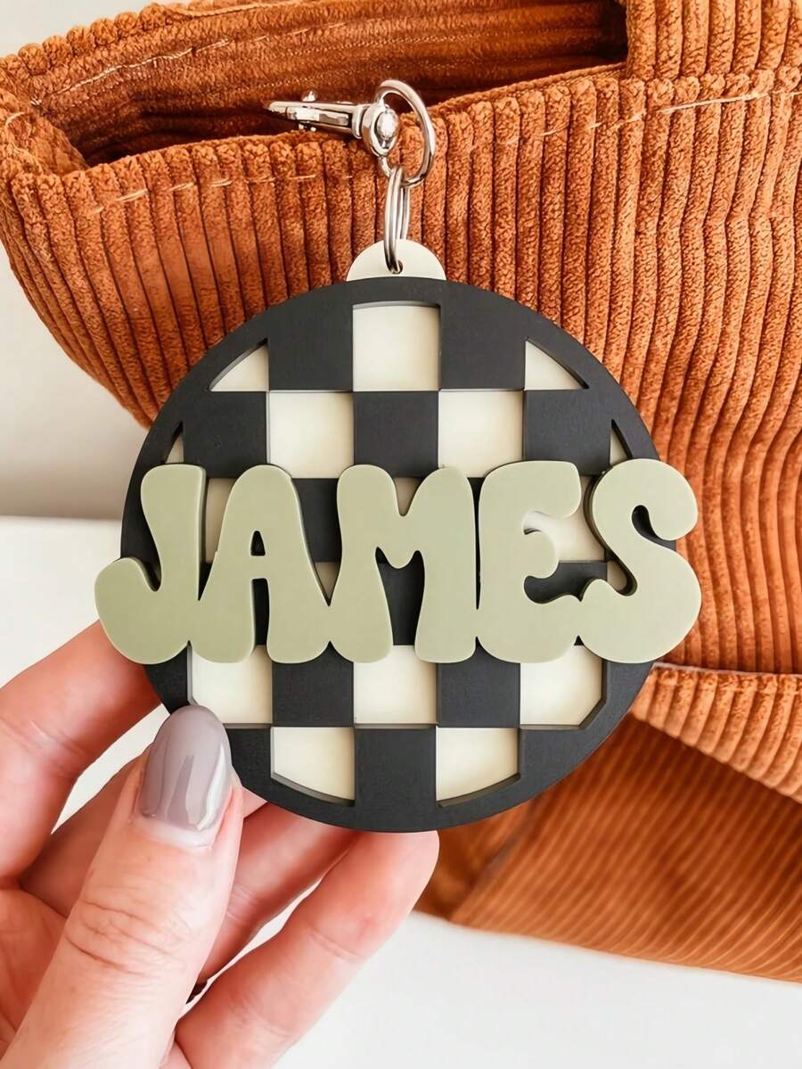 Personalized Backpack Name Tag Custom 3D Name Keychain Checkered Luggage and Diaper Bag Identifier