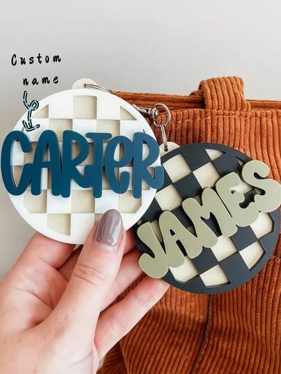 Personalized Backpack Name Tag Custom 3D Name Keychain Checkered Luggage and Diaper Bag Identifier