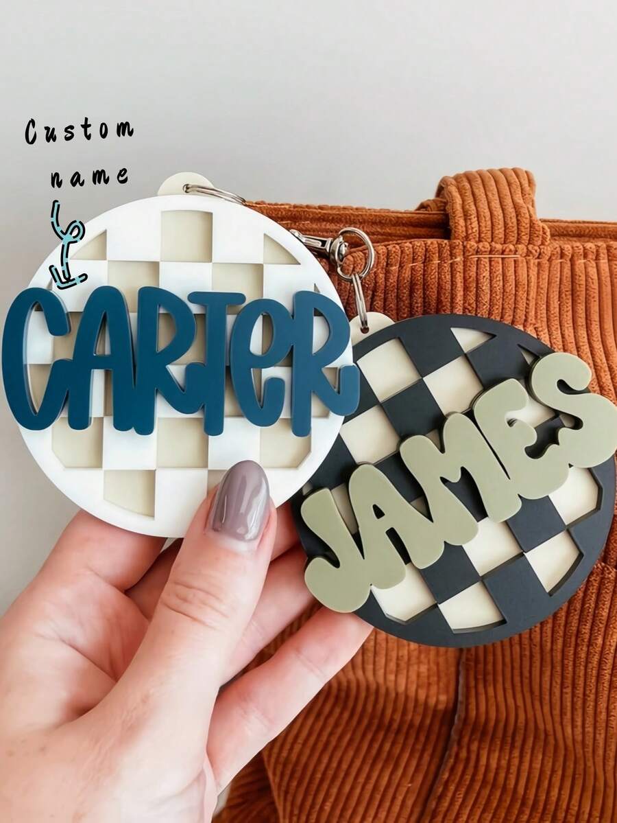 Personalized Backpack Name Tag Custom 3D Name Keychain Checkered Luggage and Diaper Bag Identifier
