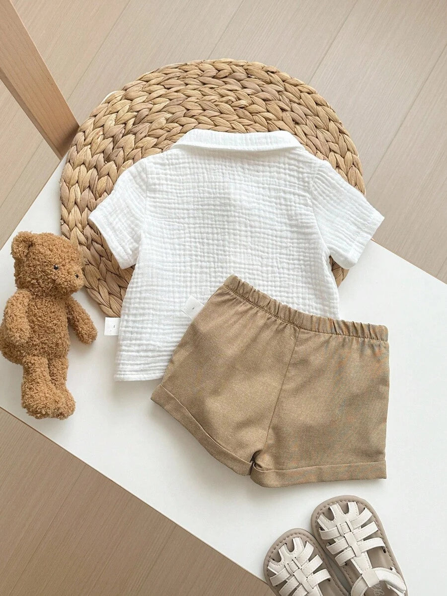 Baby Boy 2pcs Knit Jacquard Summer Set - Short Sleeve Shirt & Elastic Shorts