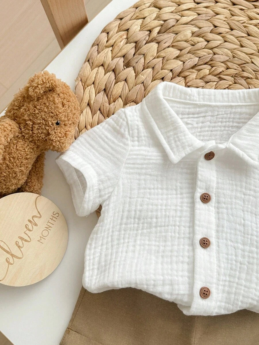 Baby Boy 2pcs Knit Jacquard Summer Set - Short Sleeve Shirt & Elastic Shorts