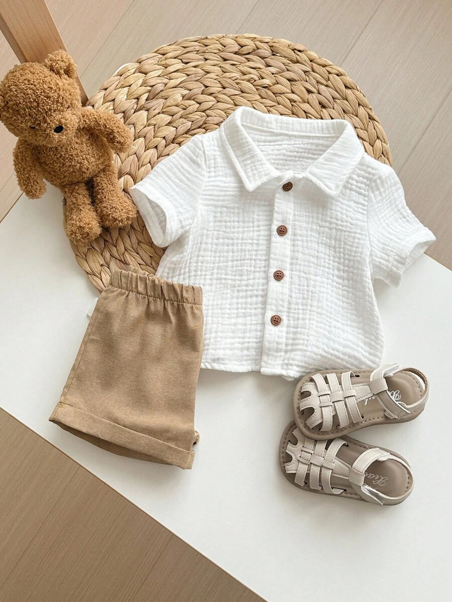 Baby Boy 2pcs Knit Jacquard Summer Set - Short Sleeve Shirt & Elastic Shorts
