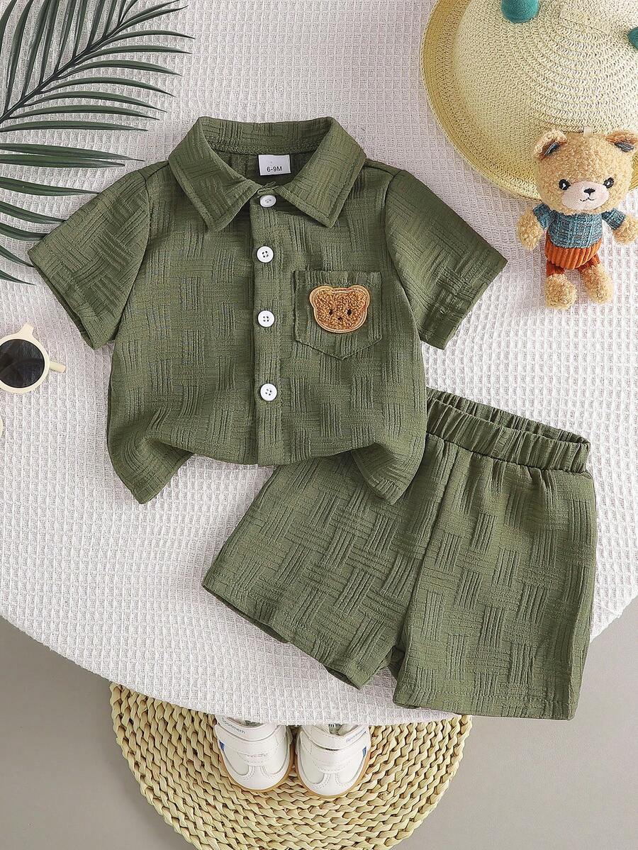2-Piece Baby Boy Textured Bear Embroidery Shirt and Shorts Set