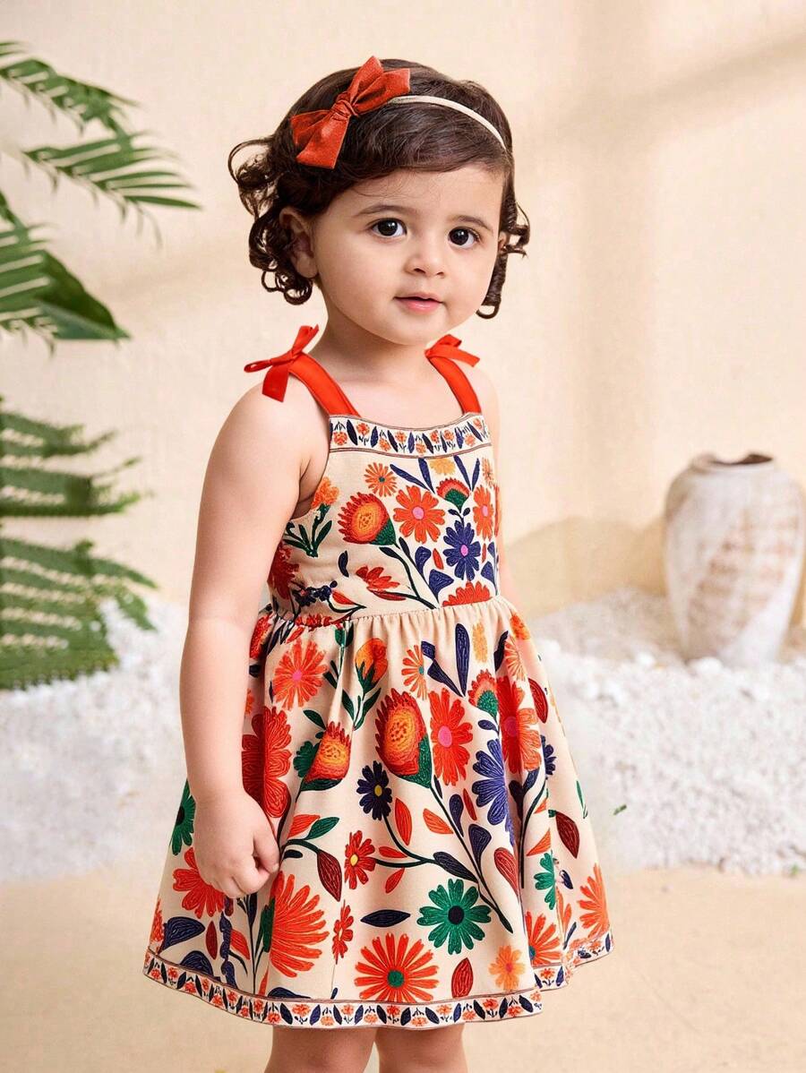 Little Girls Floral Print Sleeveless Dress With Bow Tie Waist Cute Summer Outfit