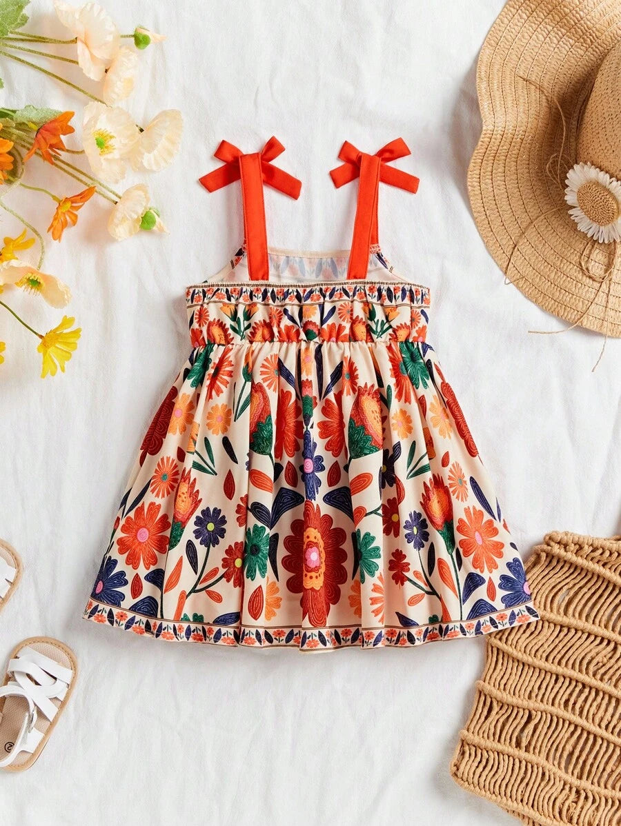Little Girls Floral Print Sleeveless Dress With Bow Tie Waist Cute Summer Outfit