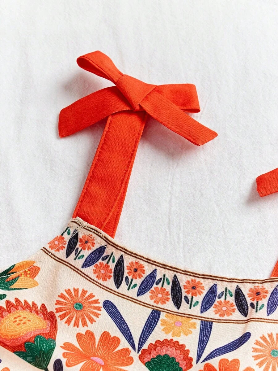 Little Girls Floral Print Sleeveless Dress With Bow Tie Waist Cute Summer Outfit