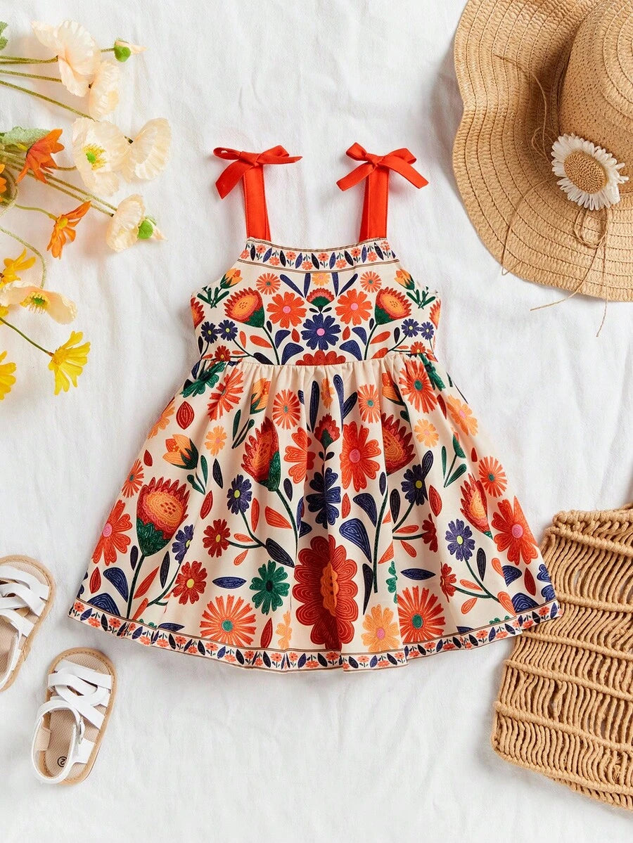 Little Girls Floral Print Sleeveless Dress With Bow Tie Waist Cute Summer Outfit