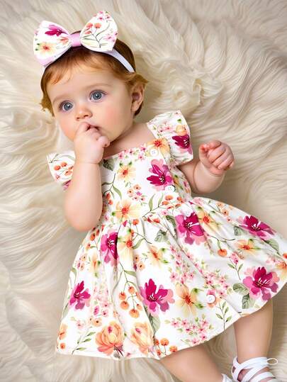 2PCS Baby Watercolor Floral Dress and Hairband Set for Cute Summer Outings