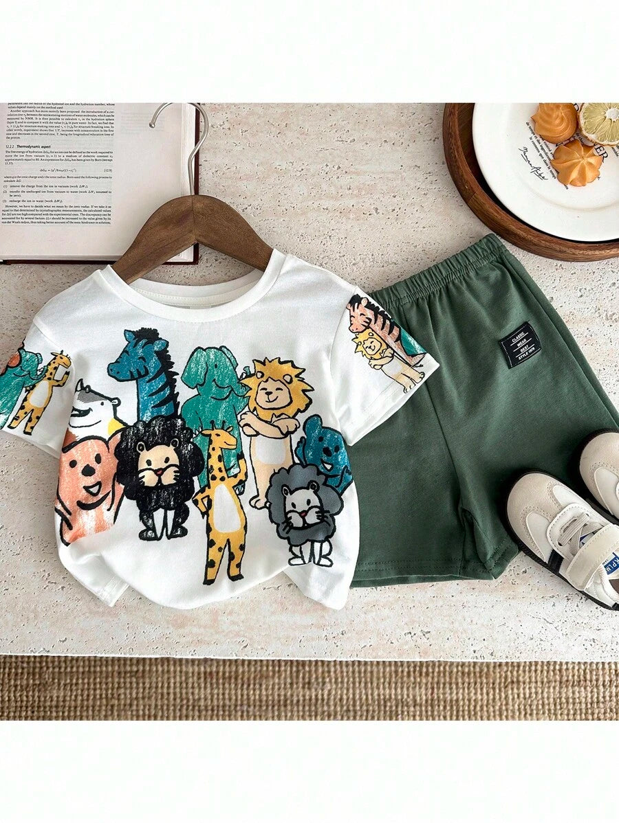 Baby Boy Animal Crayon Print T Shirt and Knitted Shorts 2 Piece Casual Spring Summer Outfit Set