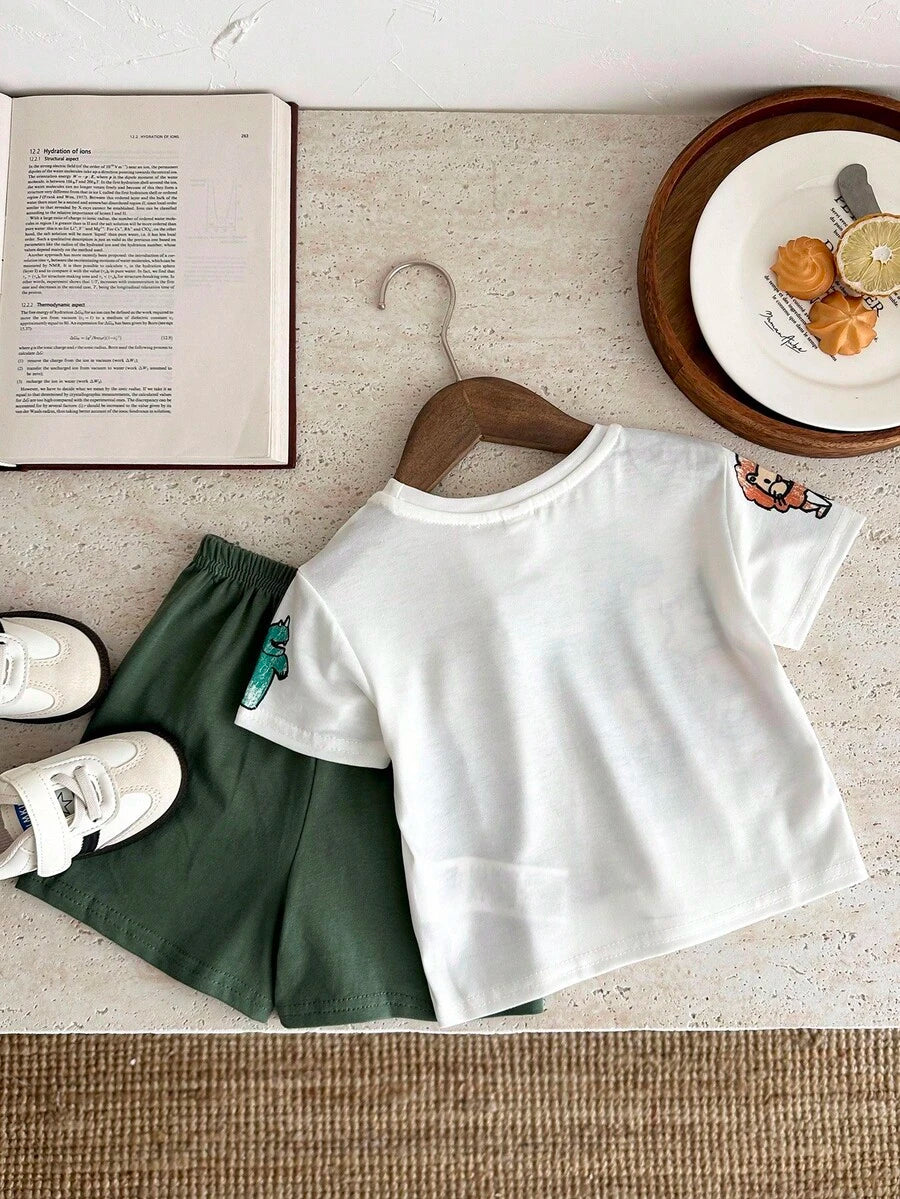 Baby Boy Animal Crayon Print T Shirt and Knitted Shorts 2 Piece Casual Spring Summer Outfit Set