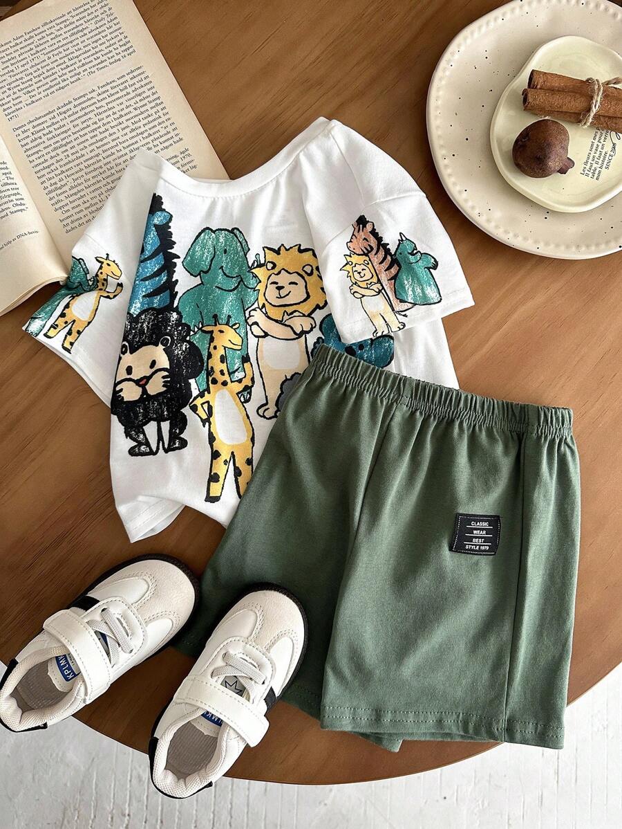 Baby Boy Animal Crayon Print T Shirt and Knitted Shorts 2 Piece Casual Spring Summer Outfit Set