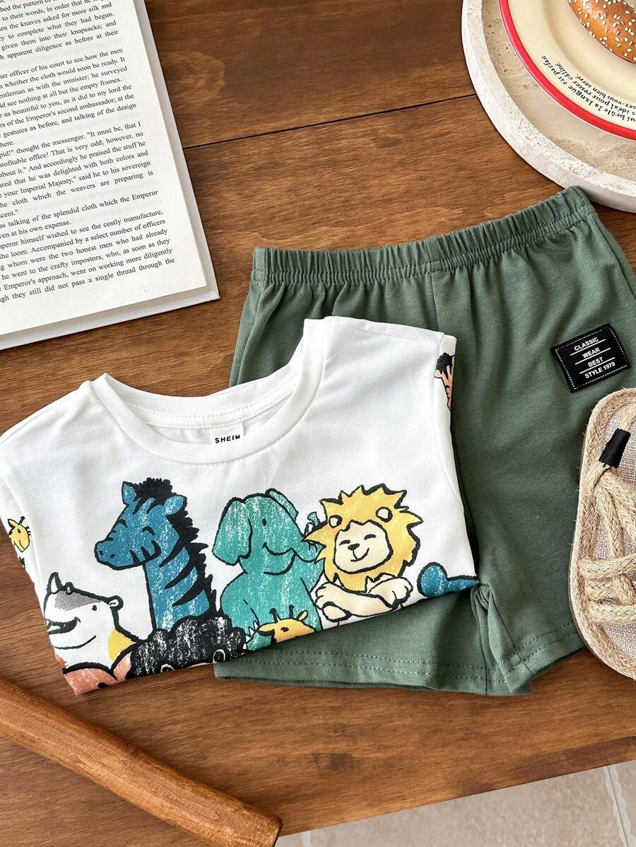 Baby Boy Animal Crayon Print T Shirt and Knitted Shorts 2 Piece Casual Spring Summer Outfit Set