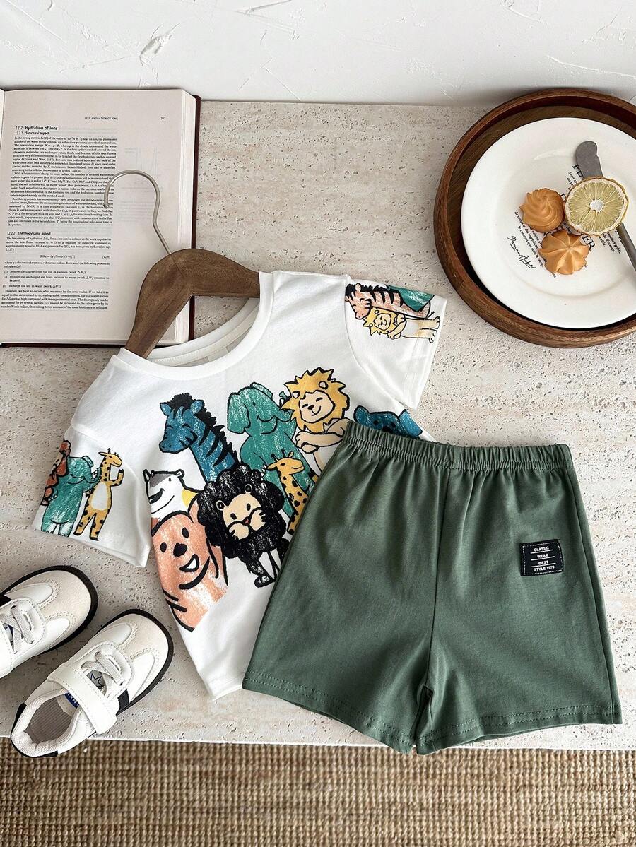 Baby Boy Animal Crayon Print T Shirt and Knitted Shorts 2 Piece Casual Spring Summer Outfit Set