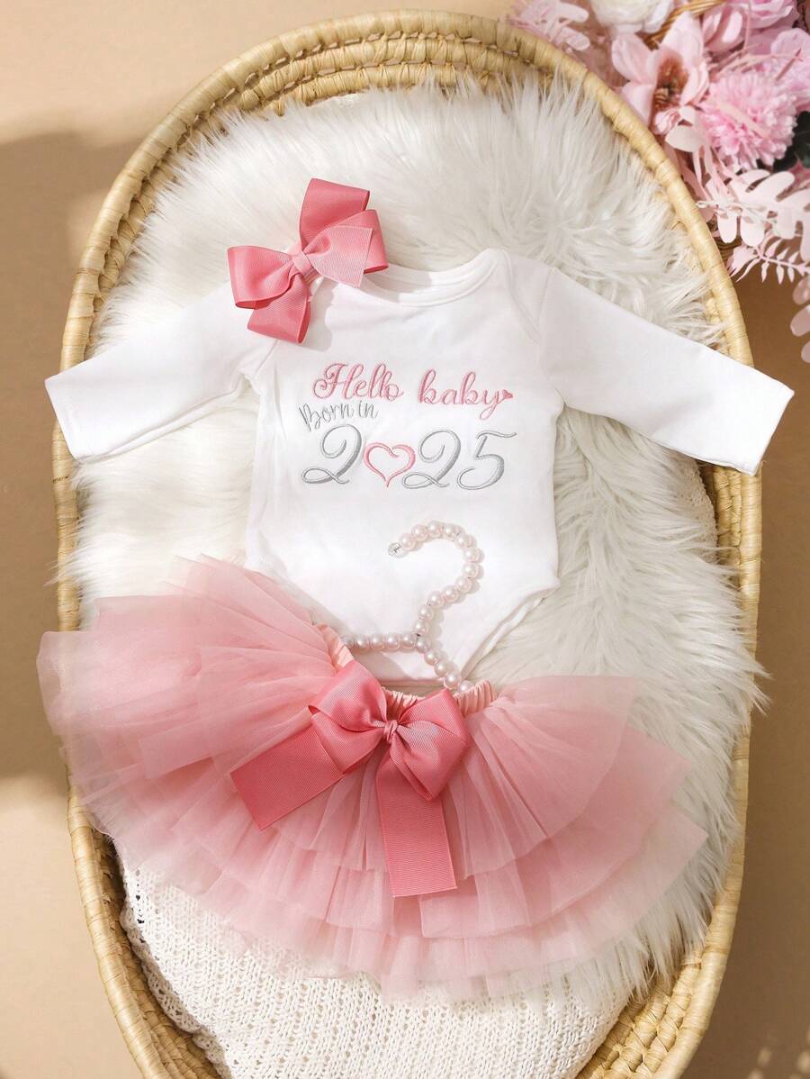 Baby Girl Romper with Tutu Skirt and Bow Headband for Photoshoots and Coming Home