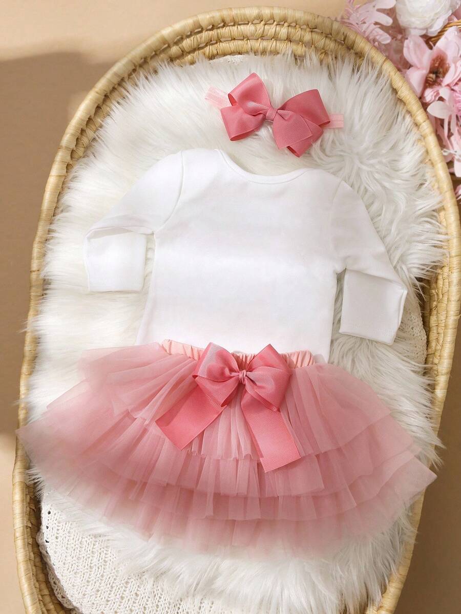 Baby Girl Romper with Tutu Skirt and Bow Headband for Photoshoots and Coming Home