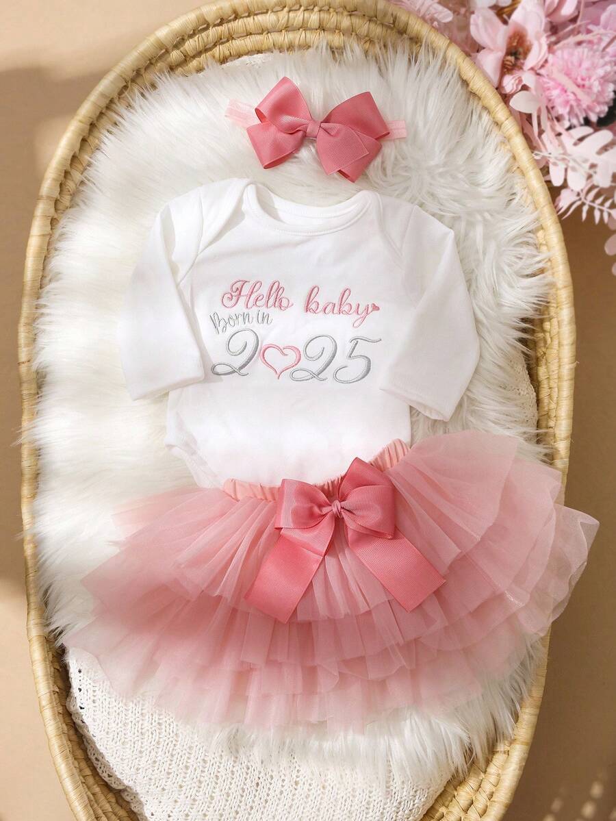 Baby Girl Romper with Tutu Skirt and Bow Headband for Photoshoots and Coming Home