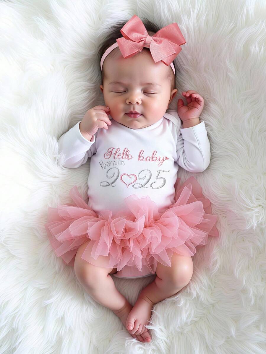 Baby Girl Romper with Tutu Skirt and Bow Headband for Photoshoots and Coming Home