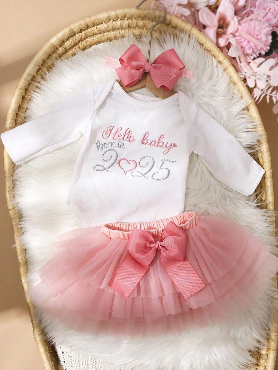 Baby Girl Romper with Tutu Skirt and Bow Headband for Photoshoots and Coming Home