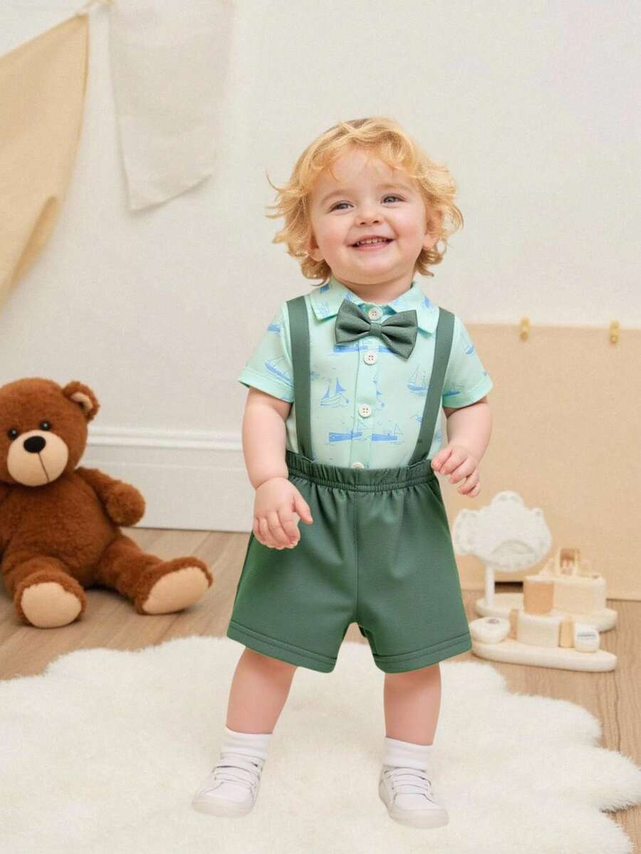 Baby Boy Gentleman Style Bow Tie Suspender Jumpsuit Outfit