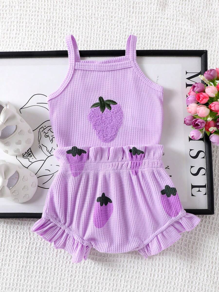 2pcs Embroidered Strap Bodysuit And Shorts Set Lightweight Summer Outfit For Baby Girls