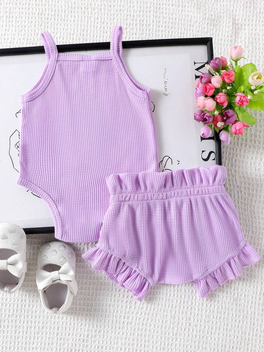 2pcs Embroidered Strap Bodysuit And Shorts Set Lightweight Summer Outfit For Baby Girls