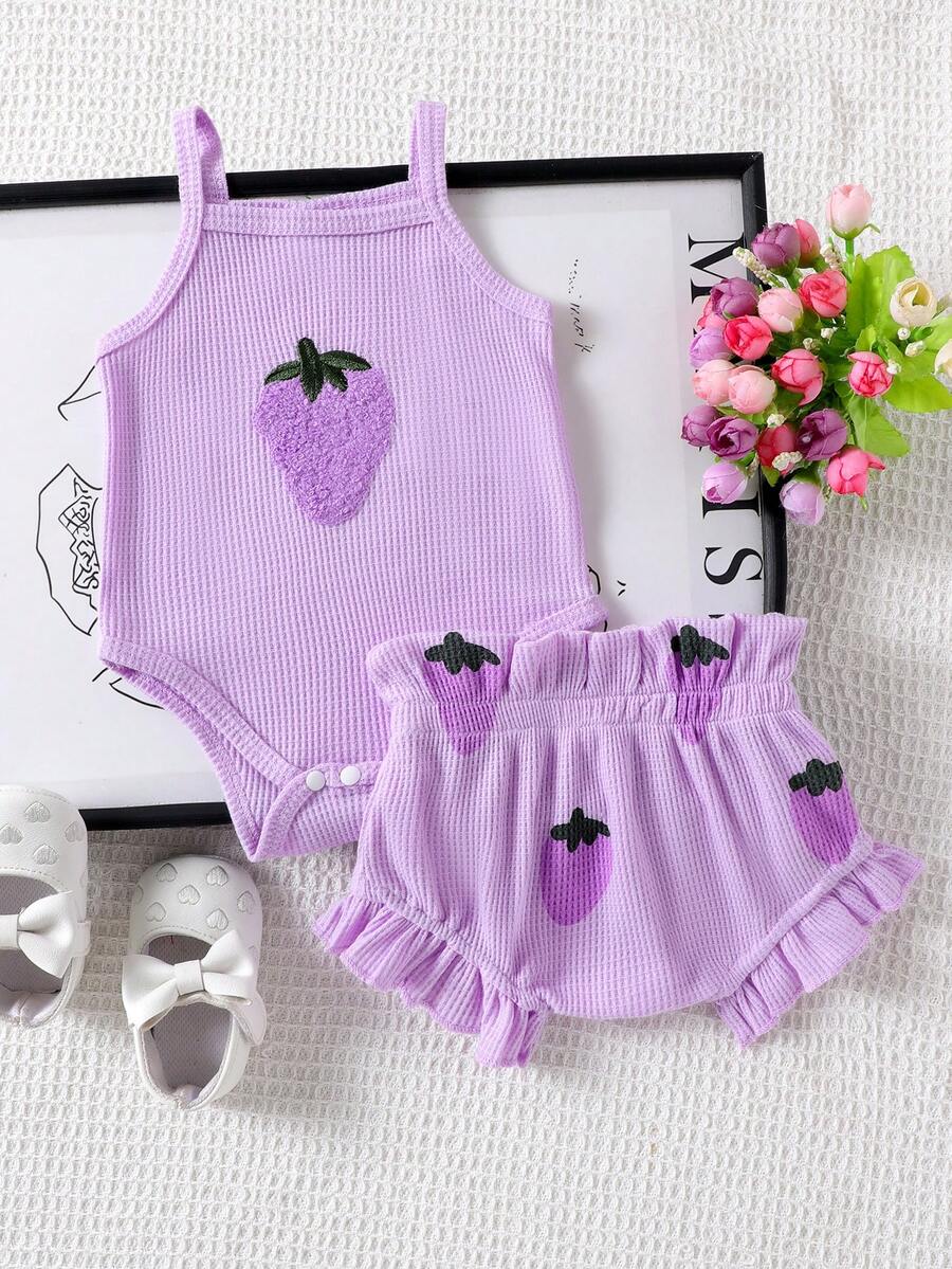 2pcs Embroidered Strap Bodysuit And Shorts Set Lightweight Summer Outfit For Baby Girls